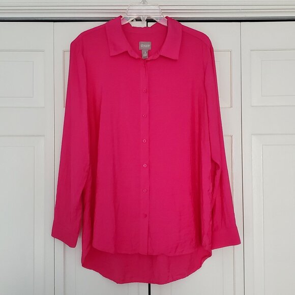 Chico’s Drapy Crinkle Ultra Pink Button-Down Long Sleeve Top Size 3/XL - Picture 1 of 8
